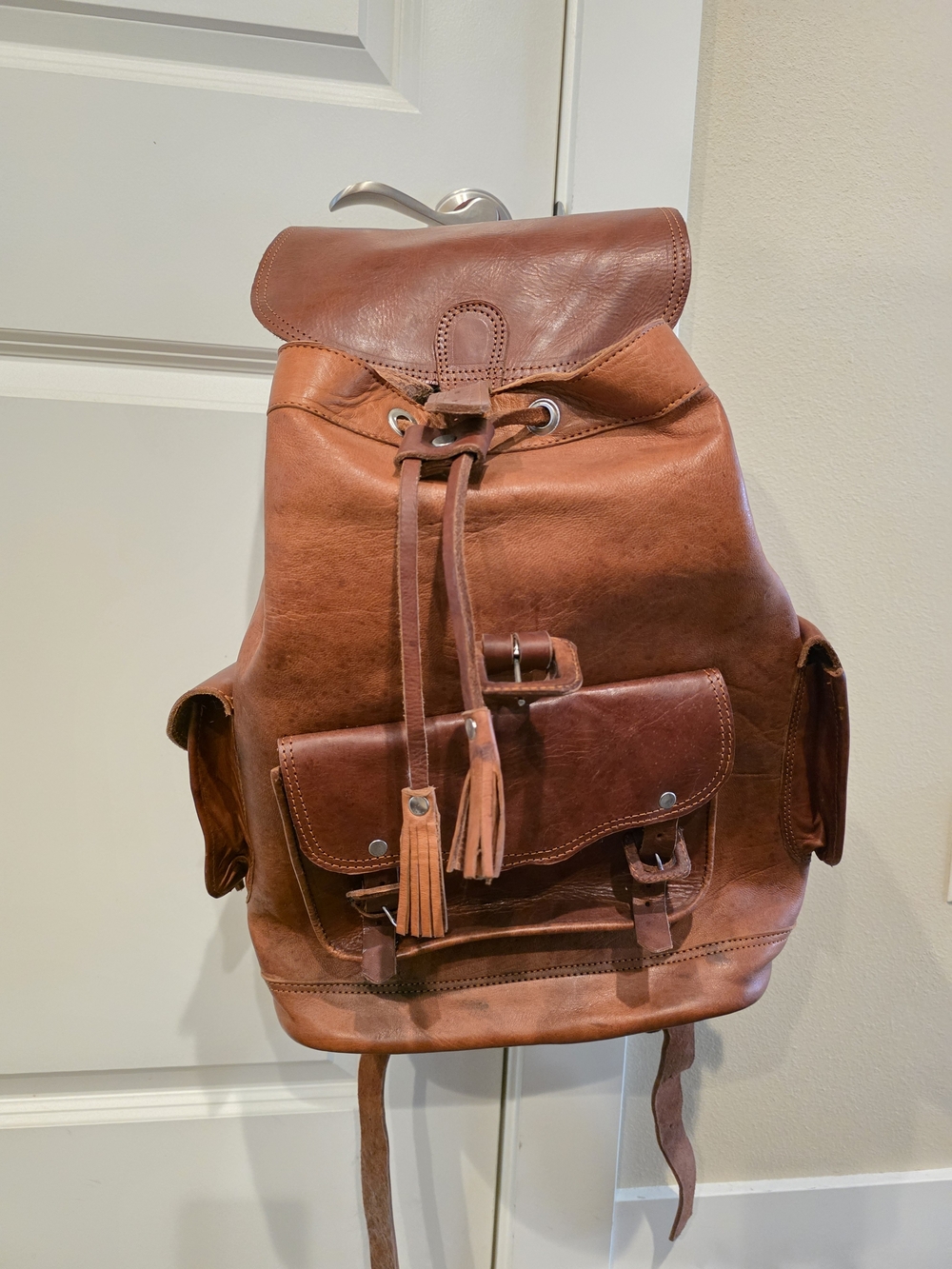 Full-Grain Leather Drawstring Backpack in Cognac